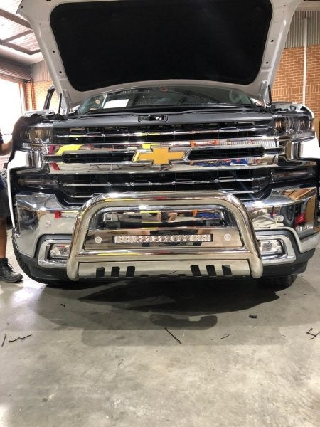 Polished SS Nudge Bar with DBL Row Light Bar suits Chev 1500 (19-26) by AMTRUX