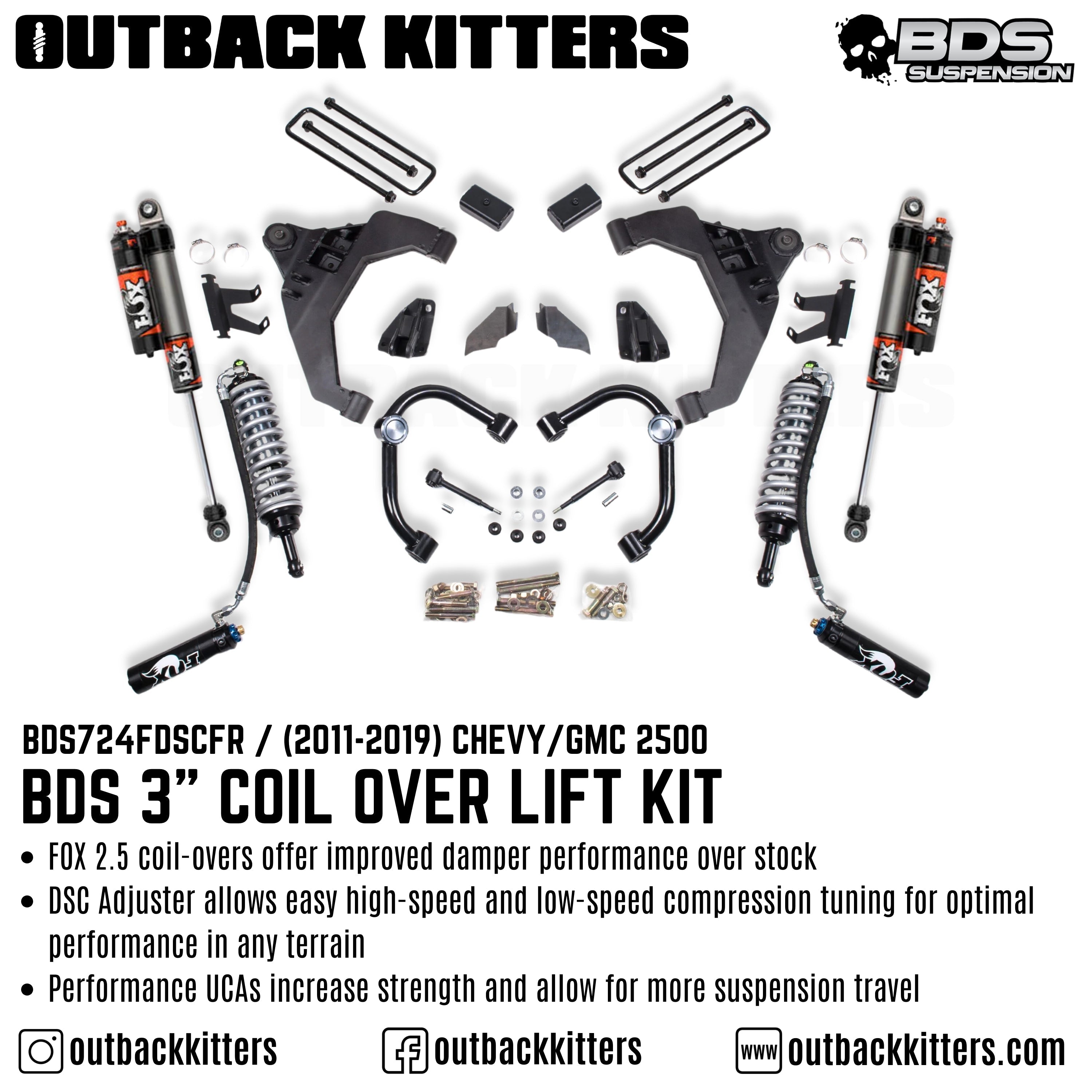 BDS Suspension 3" Coilover Lift Kit for 2011-2019 Chevy Silverado 2500