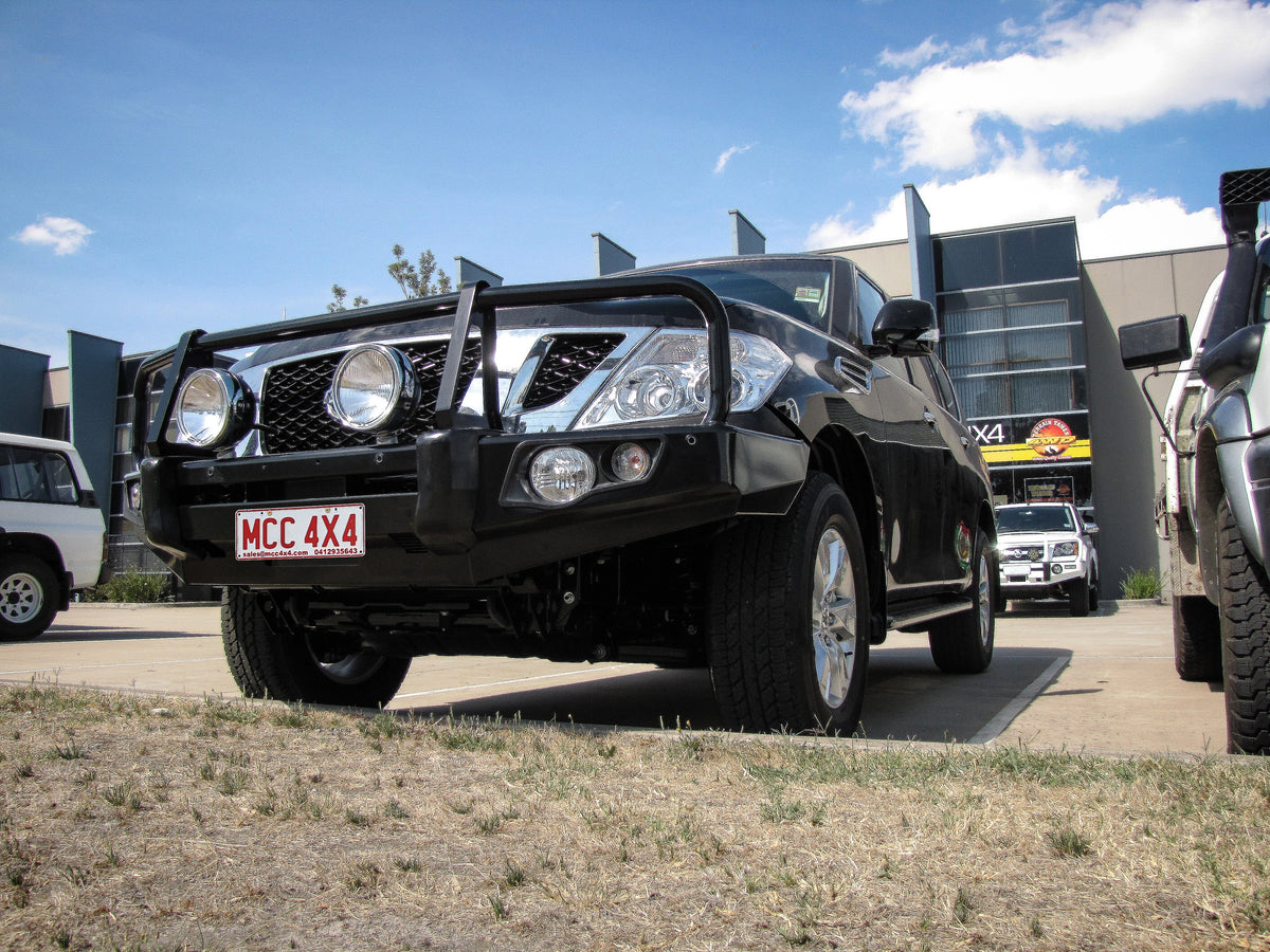 Patrol Y62 Series 1-4 2012-2018 707-02 Falcon Bull Bar Black A-Frame Package (LED Foglight) - SKU MCC-03005-702FOGUP