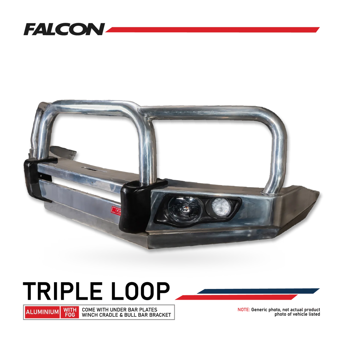 Land Cruiser 70s Series 2024-On - 707-01A Alloy Falcon Bull Bar Triple Loops Package (LED Foglight) - SKU MCC-01024-701AW