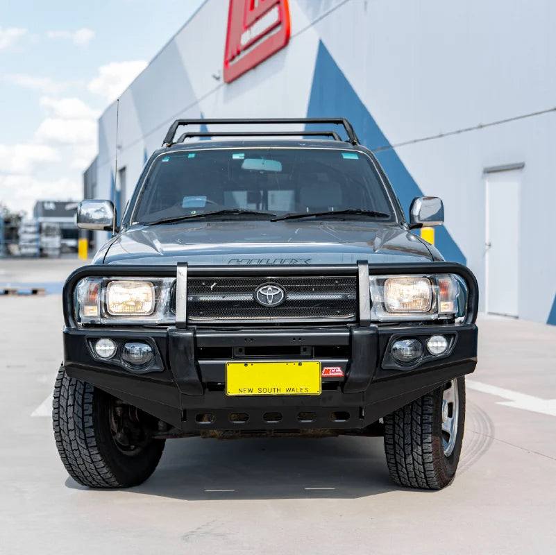 Toyota Hilux 1997-2004 707-02 Falcon Bull Bar Black A-Frame Package (LED Foglight) - SKU MCC-01001-702FOGUP