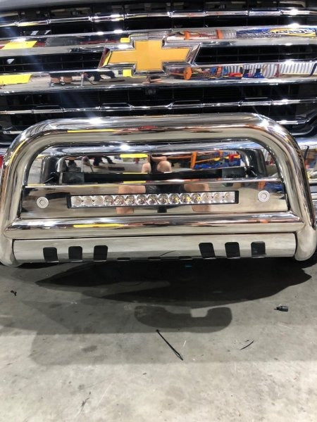 Polished SS Nudge Bar with DBL Row Light Bar suits Chev 1500 (19-26) by AMTRUX
