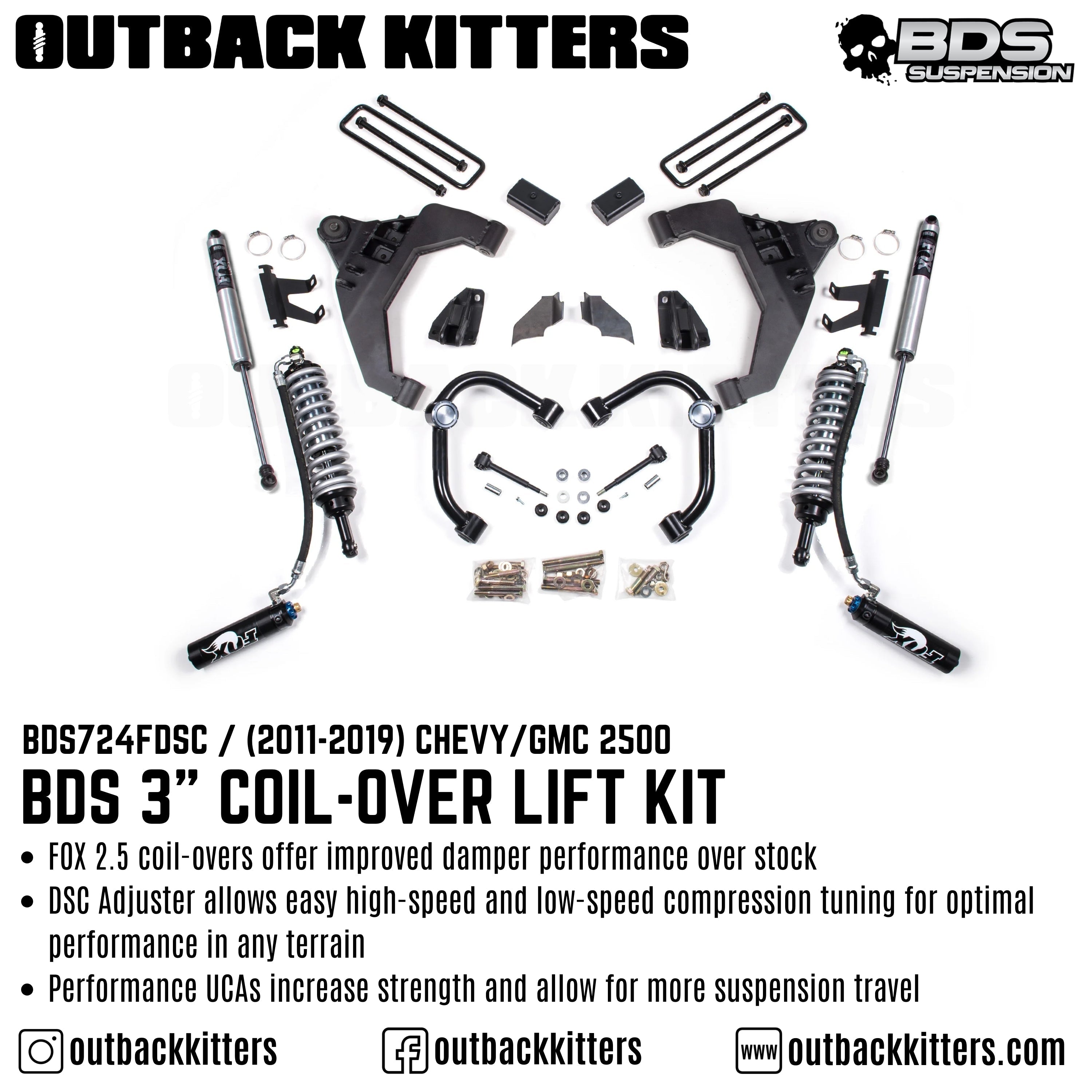 BDS Suspension 3" Coilover Lift Kit for 2011-2019 Chevy Silverado 2500