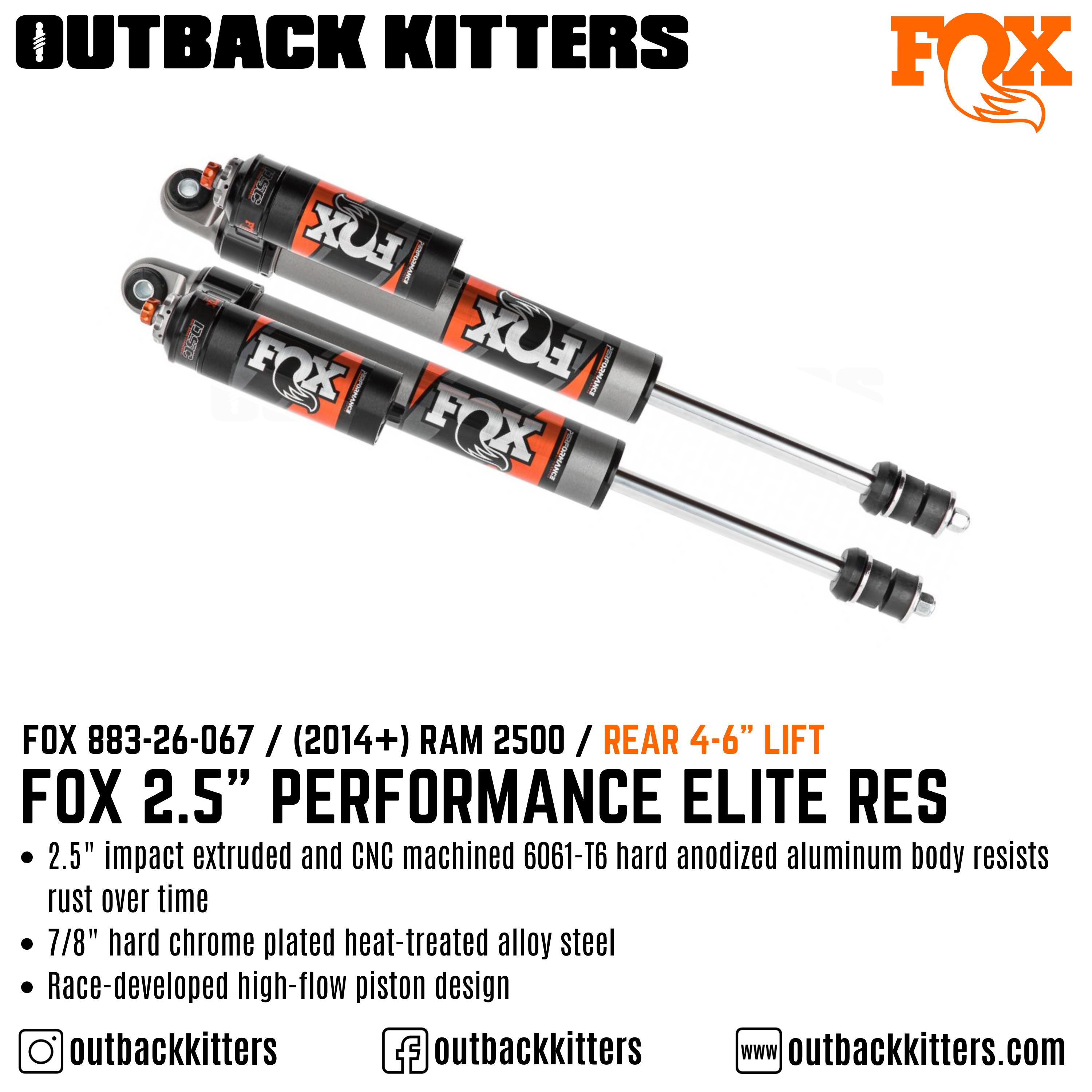 Fox Performance Elite 2.5 Series Remote Res Shocks for 2014+ Ram 2500