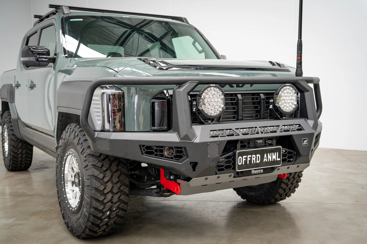 Offroad Animal Toro bull bar fitted to Kia Tasman – view 1; optional accessories shown