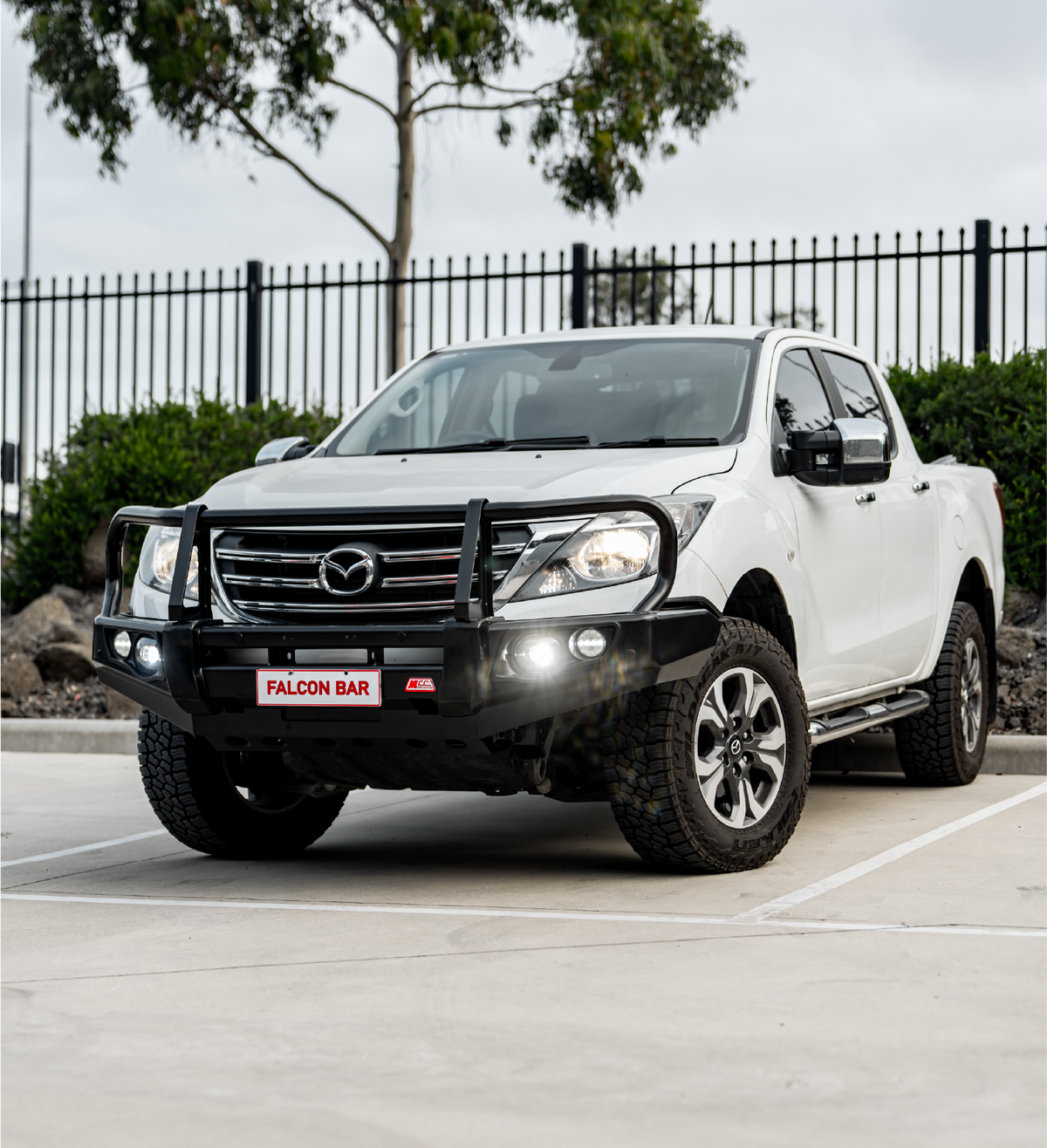 BT50 UP UR 2012-2020 707-02 Falcon Bull Bar Black A-Frame Package (LED Foglight) - SKU MCC-06002-702FOGUP